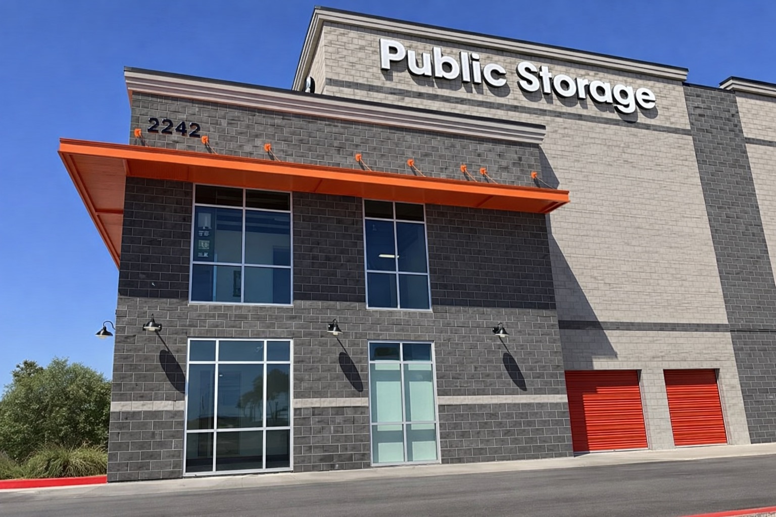 Public Storage, multi-story self-storage at dusk