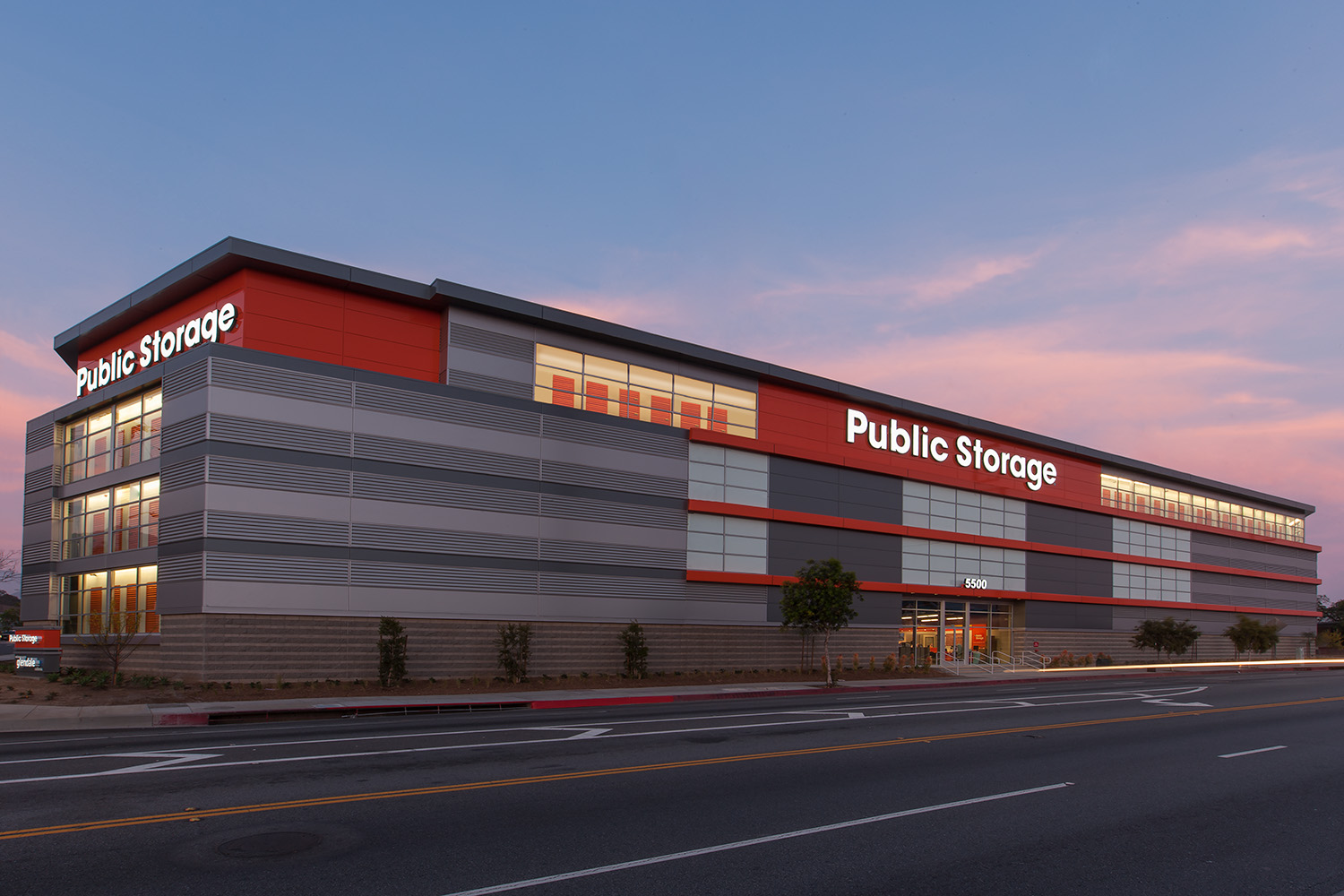 Public Storage, multi-story self-storage at dusk